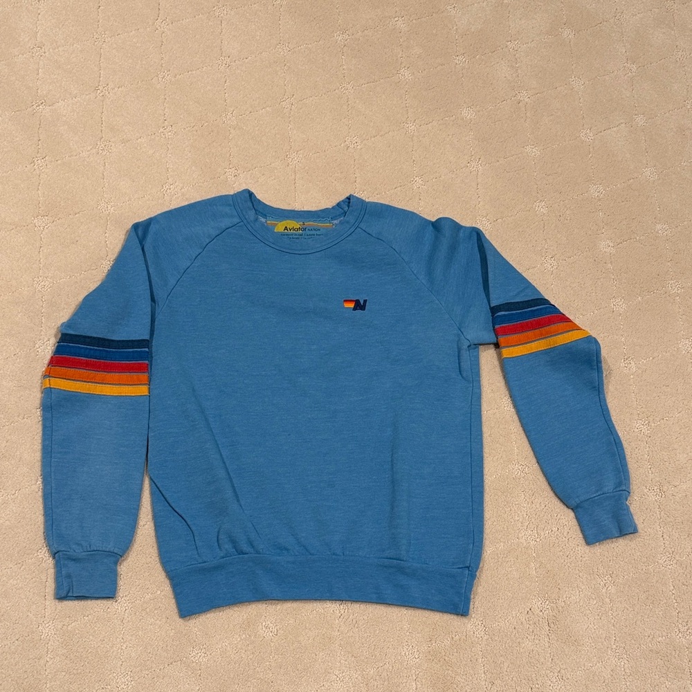 Aviator Nation Blue Crewneck with Multicolor Stripes
